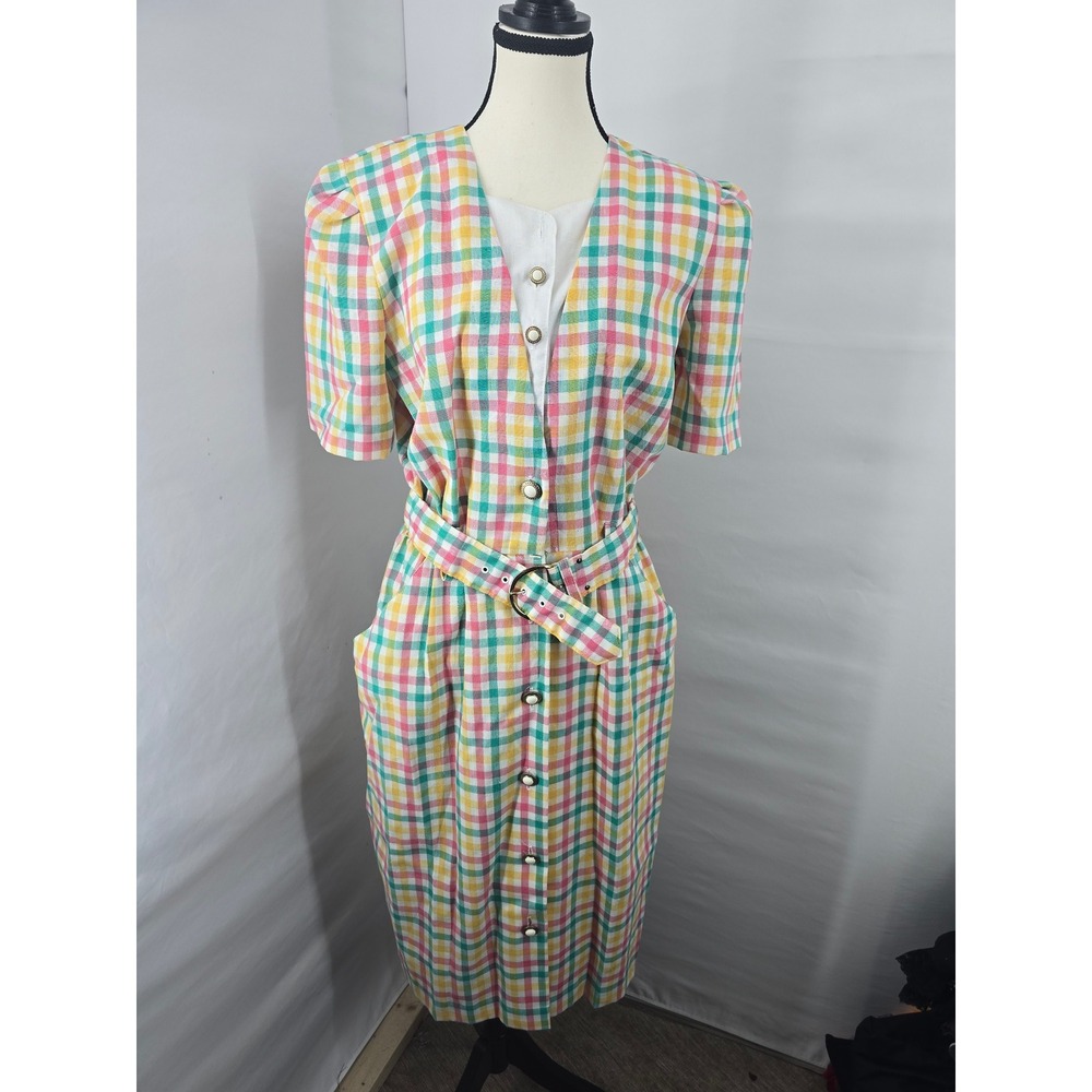 Vintage Periwinkle Gingham Plaid Belted Midi Dress Pastel Pinkโ Yellow Green 14